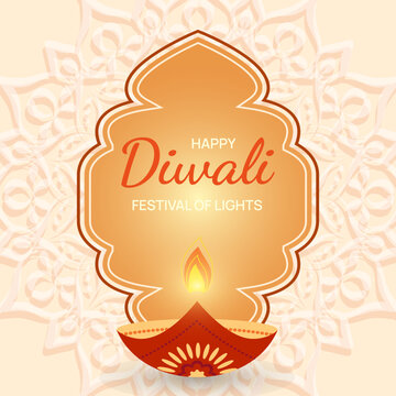 Happy Diwali Festival of Lights greeting card with glowing diya lamp. Festive background for web banner, poster, social media
