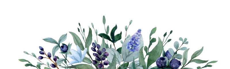 Watercolor green botanical border with eucalyptus leaves and blue berries. Elegant floral arrangement for wedding invitations, stationery, branding, greeting cards and feminine designs. © MDArt