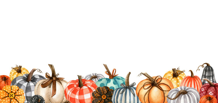 Watercolor autumn pumpkin border featuring colorful pumpkins arranged in a horizontal composition. Ideal for invitations, banners, seasonal stationery, Thanksgiving and fall-themed designs.