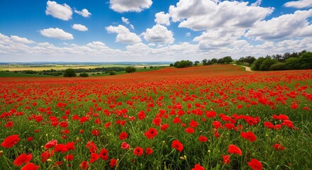 Obraz premium Beautiful expansive field of vibrant red poppies under a bright blue sky with fluffy white clouds in a scenic rural landscape perfect for nature and floral themes