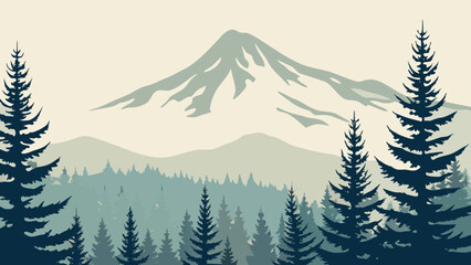Stylized illustration of a mountain range and evergreen forest with a muted color palette alpine aspen backdrop © Laki