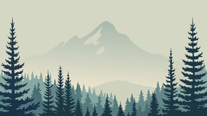 Stylized mountain and evergreen forest illustration with a muted color palette and scenic backdrop alpine atmospheric conifer © Laki