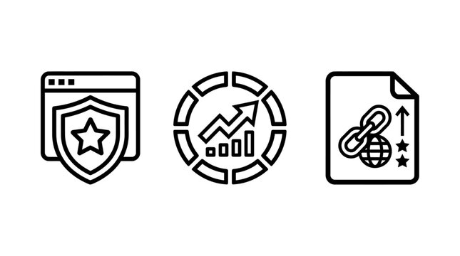 Web security and search engine optimization icons set displaying browser shield protection circular growth chart backlink document with link building page rank site safety business development