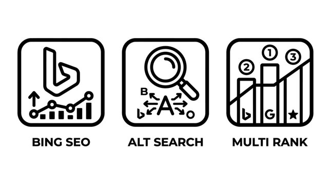 Search engine optimization iconography for bing and multi-rank analysis with optimization analytics marketing internet strategy performance monitoring business algorithm webmaster visibility
