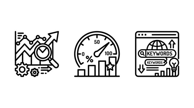 Set of marketing and business strategy icons for performance tracking with marketing business strategy analytics performance tracking keywords optimization magnifying lightbulb internet