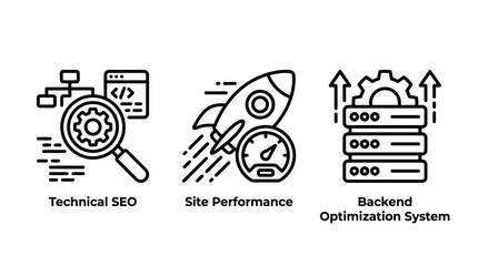 Fototapeta premium Technical SEO performance and backend infrastructure optimization icons with technical performance optimization infrastructure development programming analysis speedometer database technology