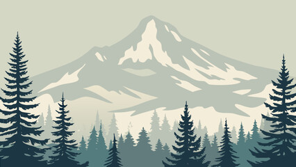 Stylized mountain illustration with coniferous forest featuring a muted color palette and layered design mountains peak summit © Laki