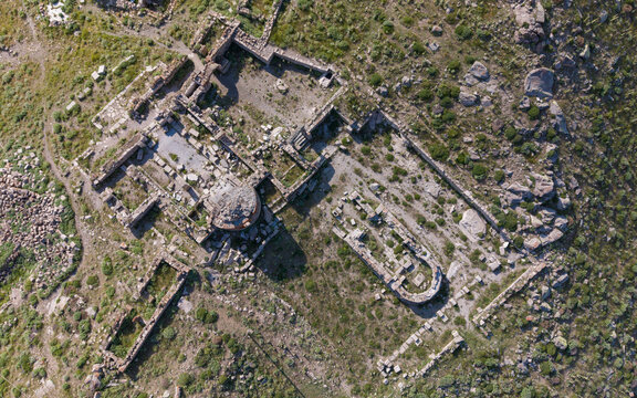 Aerial View of Binbir Kilise Ancient Byzantine Ruins in Karaman Turkey with Historic Churches and Karadag Mountain Landscape