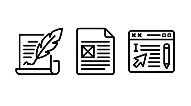 Document editing and web content writing icon set with document publishing creation interface manuscript copywriting creative technology platform information