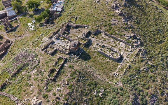 Aerial View of Binbir Kilise Ancient Byzantine Ruins in Karaman Turkey with Historic Churches and Karadag Mountain Landscape