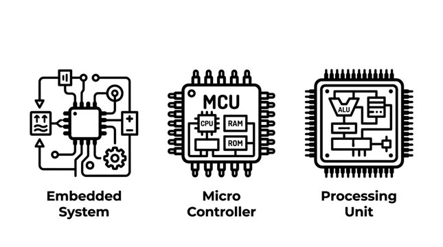 Embedded system and microcontroller processing unit line icons set with embedded microcontroller processing electronics hardware computer processor integrated technology automation circuitry