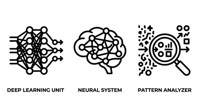 Deep learning and neural network pattern analysis icons with learning analyzer intelligence artificial technology analysis computing algorithm software information automation mathematics