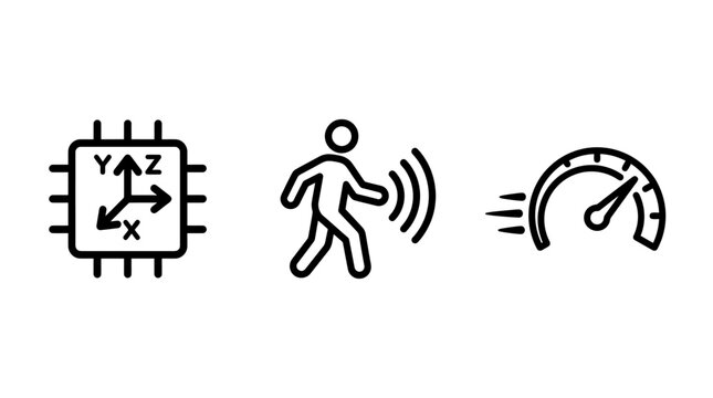 Set of accelerometer and motion detection sensor icons with accelerometer speedometer detection movement velocity tracking technology electronics engineering automation hardware industrial