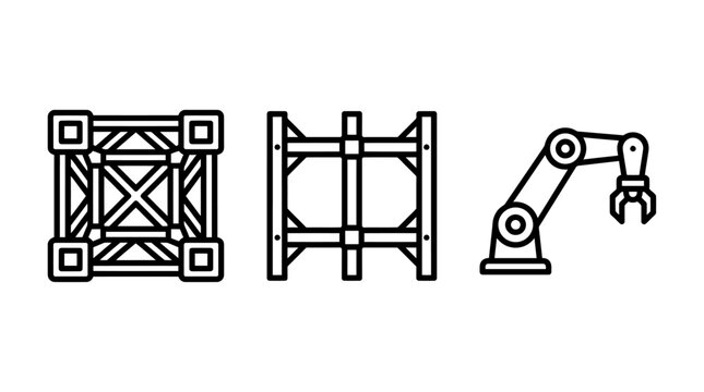 Industrial automation robotic arm and structural framework icons with robotics automation industry mechanical engineering industrial framework structure manufacturing production development