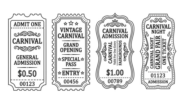 Set of four decorative vintage carnival ticket templates with ornate typography and detailed border outlines isolated on a clean white background for event design