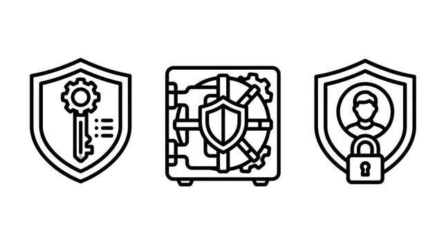 Data protection and cyber security line icon set with security protection business technology encryption isolated management administrative authentication authorized development information