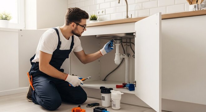 Professional plumber repairing kitchen sink plumbing system installing new pipes and fixing leaks in modern kitchen setting for home improvement and maintenance needs