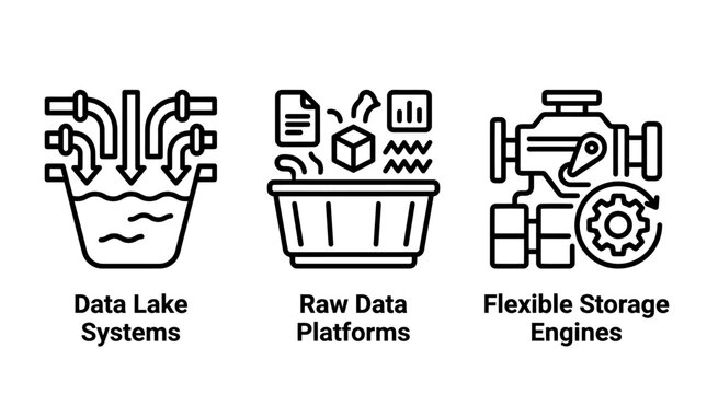 Set of three linear icons representing data lake systems raw data platforms storage engines with platform pipeline information technology analytics business computing management infrastructure