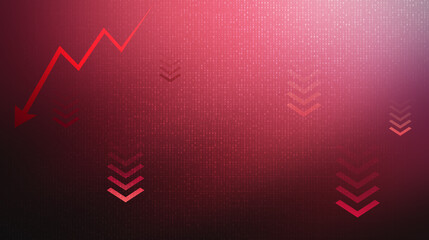 Economic Downturn: A red arrow charting a sharp decline, symbolizing financial recession, with down arrows scattered across a dark, textured background, conveying loss and a negative market trend. © Anoop