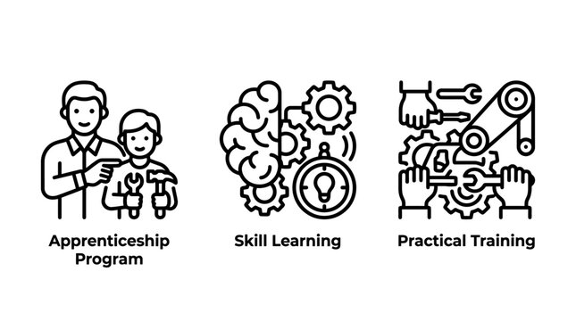 Apprenticeship program and practical vocational skills training icons with apprenticeship training vocational education learning practical technical workplace development knowledge industry