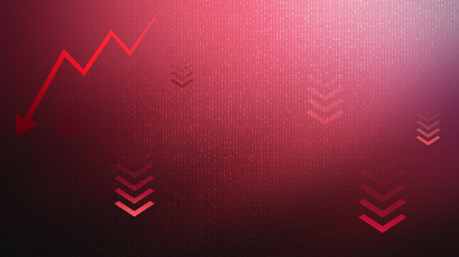 Economic Downturn: A red arrow charting a sharp decline, symbolizing financial recession, with down arrows scattered across a dark, textured background, conveying loss and a negative market trend.