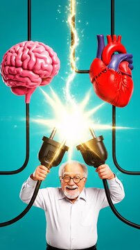 Senior man holding electrical plugs connected to brain and heart