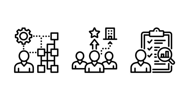 Organizational management and team performance icons with management organization performance hierarchy structure business corporate strategy leadership analysis development checklist