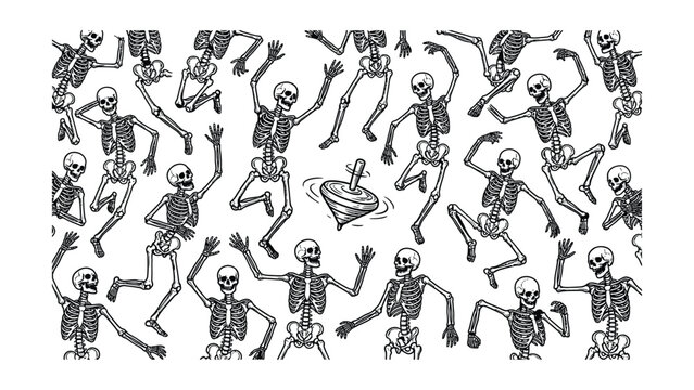 Numerous dancing skeletons and a spinning top illustration pattern on a white background