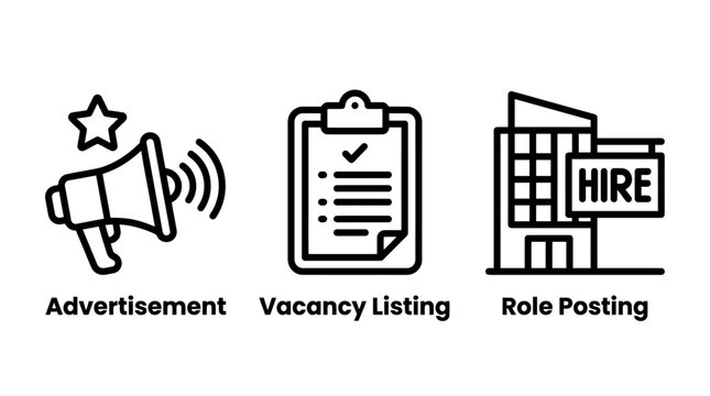 Corporate job advertising and recruitment process icons with advertisement recruitment employment business recruiting resources staffing personnel announcement management corporate branding