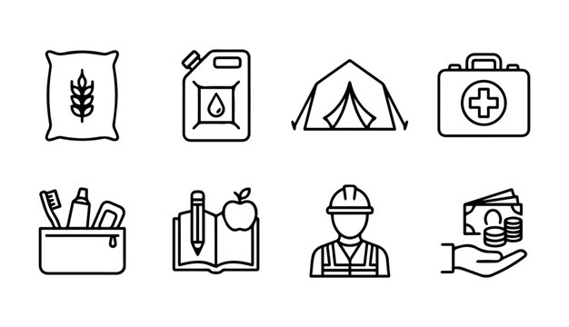 Survival Kit Icons: Emergency Supplies, First Aid, Shelter, Hygiene, Education, Worker, Finance