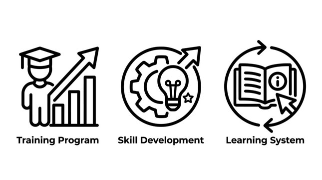 Corporate training program and skill development icon set with training education learning development professional business knowledge improvement coaching mentorship management strategy