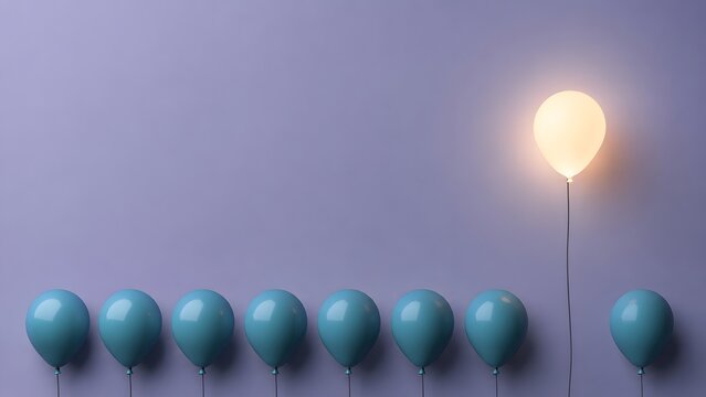 Creative concept of a single glowing balloon rising above the rest signifying individual success and unique talent
