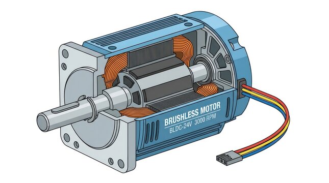 Technical illustration of brushless motor showing internal components and wiring details.
