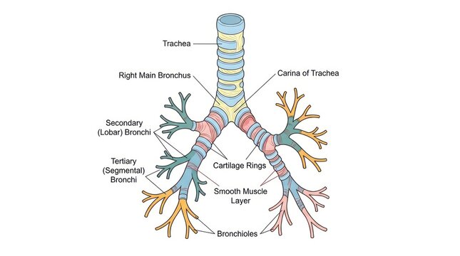 Educational illustration of bronchial tree highlighting airway segments and muscle layers.