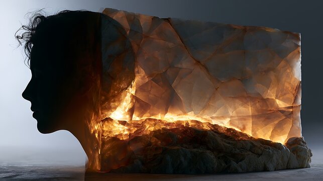 Prompt: A psychological conceptual portrait of optimism. A sharp silhouette profile is double-exposed with a landscape of a solid block of translucent white alabaster stone radiating a powerful, 