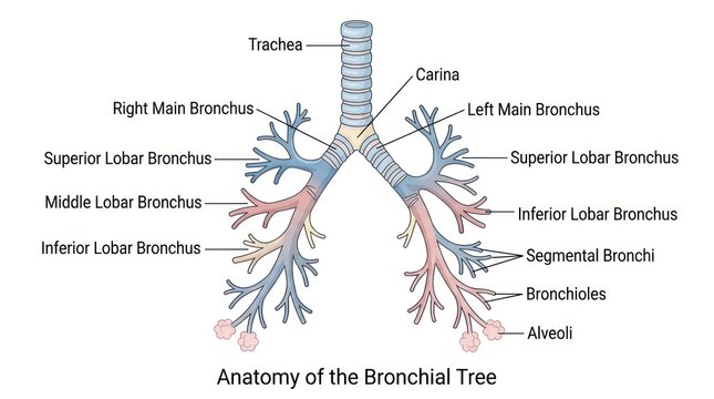 Illustration showing bronchial tree anatomy highlighting trachea and main bronchi segments.