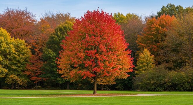Beautiful autumn landscape with vibrant red orange and yellow trees in a park during fall season with lush green grass and clear sky background for seasonal outdoor scenes