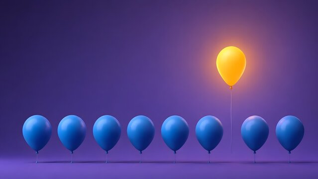 Glowing yellow balloon standing out from a row of blue balloons representing unique leadership and business innovation concept