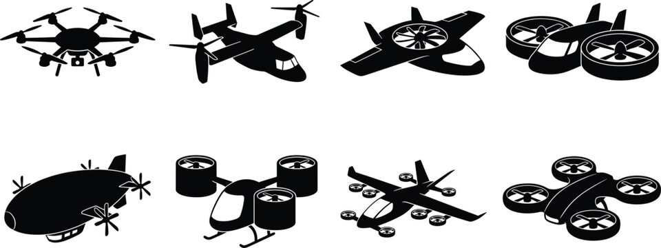 Future transportation and drone technology vector silhouettes including eVTOL flying cars quadcopters and airship icons set