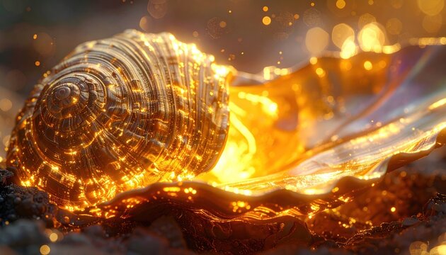 Glowing, golden seashell illuminates an open clam shell on a sandy surface, with bokeh