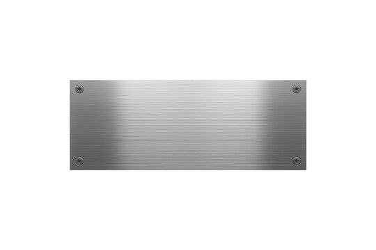 Stainless steel metal plate with screws blank background, brushed chrome plaque texture for industrial design, transparent png