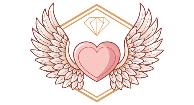 Luxury rose gold diamond heart with angel wings and hexagonal frame vector illustration