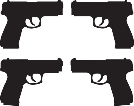 Black silhouette handgun collection, firearms icon set, weapon shape symbols, security and crime concept, isolated vector illustration design on white background