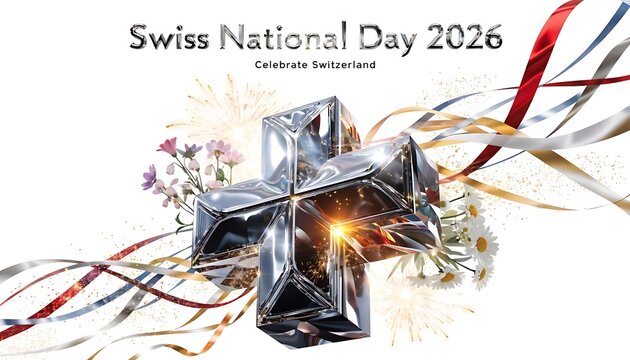 Swiss national day 2026 greeting card design with decorative cross and ribbons white background swiss flag switzerland national celebration decorative greeting illustration tradition