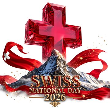 Swiss national day 2026 mountain landscape conceptual graphic design with three dimensional switzerland national mountains landscape celebration illustration patriotism tradition