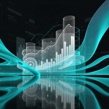Corporate financial dashboard concept featuring glowing bar charts and abstract blue data waves business investment analysis abstract technology economic statistics