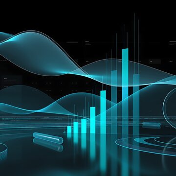 Digital market trends display with glowing blue charts and abstract flowing data waves business technology abstract analysis investment economic statistics information