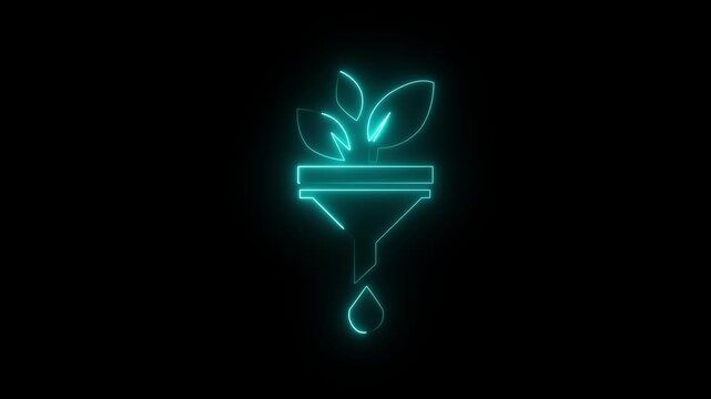 Neon plant funnel animation .Glowing neon line Funnel or filter icon isolated on black background. 4K Animation Video ..