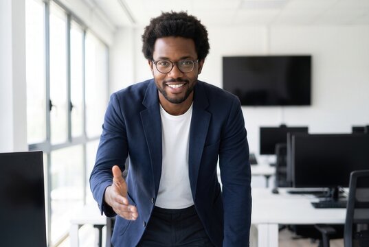 African american businessman offering a handshake, signifying welcome, partnership, and recruitment in an office