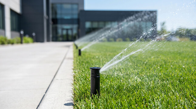 Spray water conservation drought lawn sprinkler irrigation system grass maintenance landscape care outdoor building front. Lawn garden yard irrigation system. sprinkler dripped, wet grass moisture
